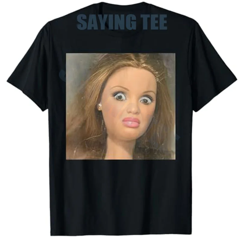 

Expressive Meme Doll Portrait for Women Funny T-Shirt Sarcastic Doll Reaction Face Y2K Design Saying Tee Novelty Gift Streetwear
