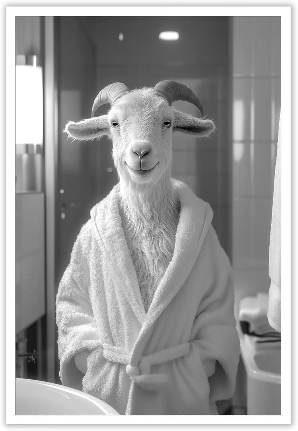 Funny Cute Bathroom Goat Wall Art Hilarious Animal Bathrobe Goat Bathing Prints PaintingHumor Goat  Bedroom Restroom Wall Decor