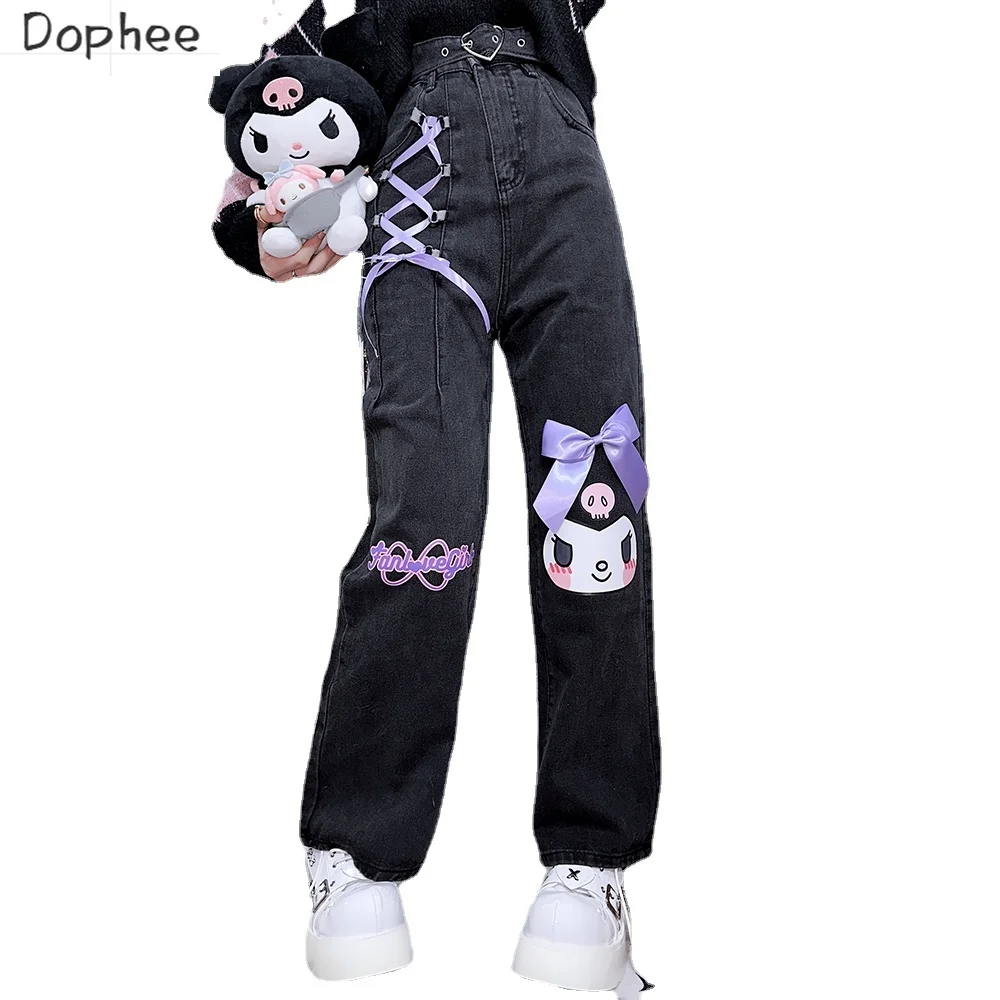 Dophee Original Harajuku Wind Women Jeans Ribbons Cartoon Bow Personality Autumn Winter Cute Girls Ankle-length Straight Pants