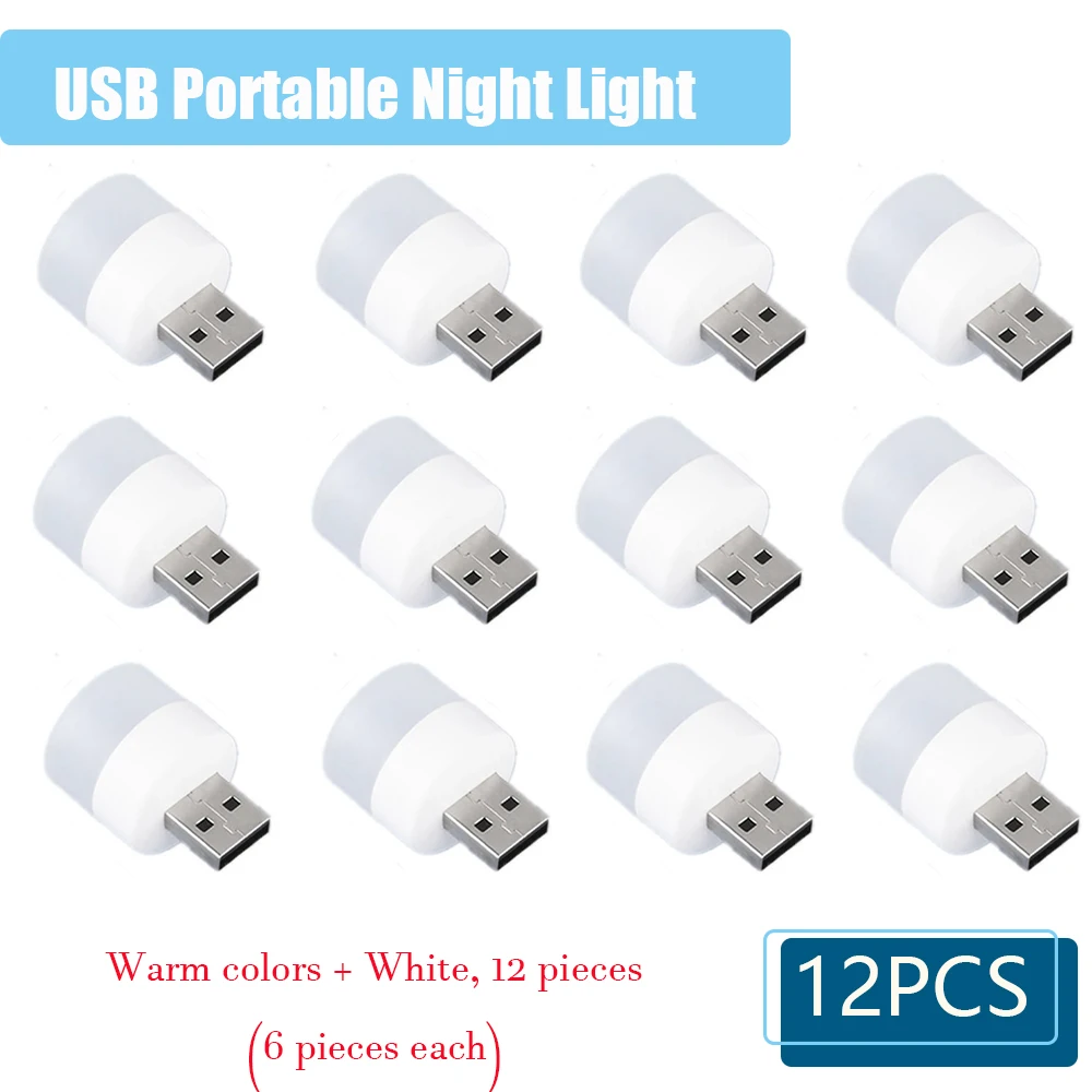 

12pcs Mini Portable USB Night Light Adjustable Reading Lamp Eye Protection Warm White Light USB Plug Power Bank Charging