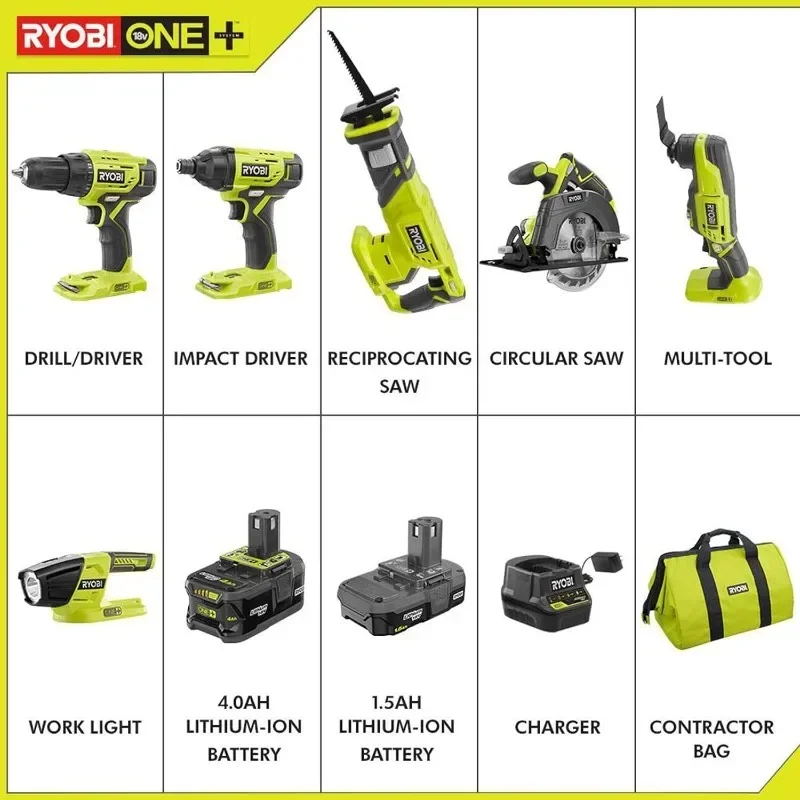 RYOBI P1819 18V One+ Lithium Ion Combo Kit (6 Tools: Drill/Driver, Impact Driver, Reciprocating Saw, Circular Saw, Multi-Tool, )