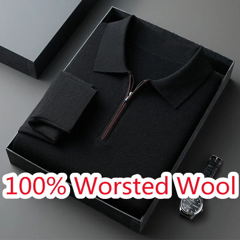 100% ウール混紡ポロシャツ 高級メンズ クラシック ターンダウンカラー ニットTシャツ 長袖 男性用 羊毛 ジップアップ ジャンパー プルオーバー