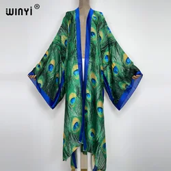 2022 WINYI Summer Beach Wear Swim Suit Cover up sweet lady boho Cardigan stitch colorful sexy Holiday long Sleeve Kimono kaftan