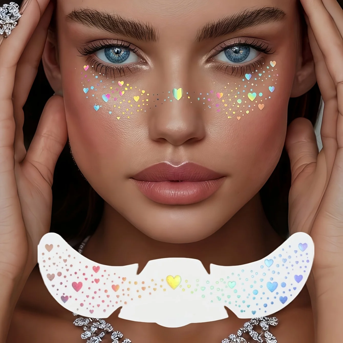 Sparkle Holographic Face Stickers, Star & Heart Freckle Temporary Tattoo Decals, Waterproof Glitter Facial Decor for Music