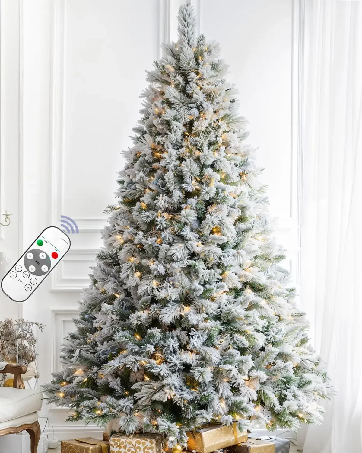 7.5FT Pre-lit Snow Flocked Christmas Tree Spruce with Remote Control, 600 Warm White Multi-Color Lights, Artificial Hing