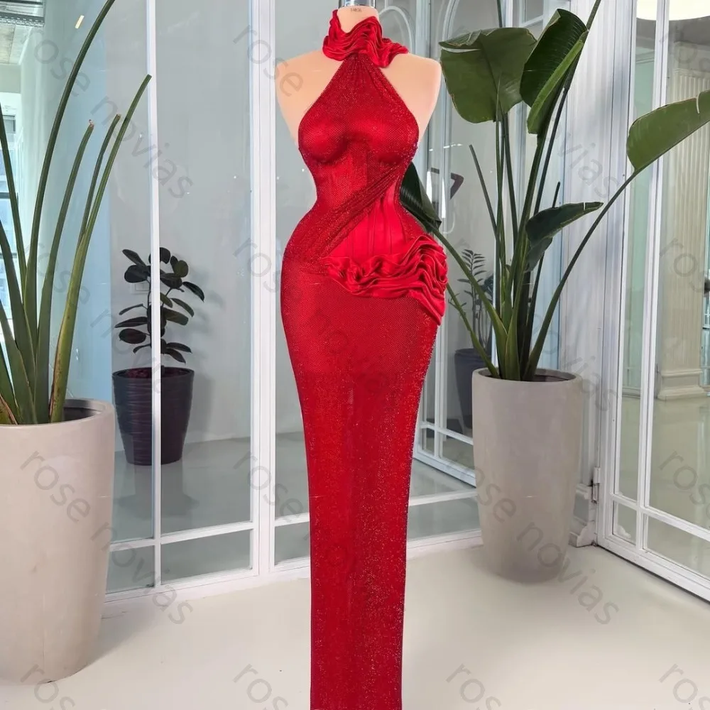 

Red Halter Neck Ruched Collar Corset Waist Satin Ruffle Flower Detail Glitter Bodycon Maxi Mermaid Evening Dress 2026 Formal
