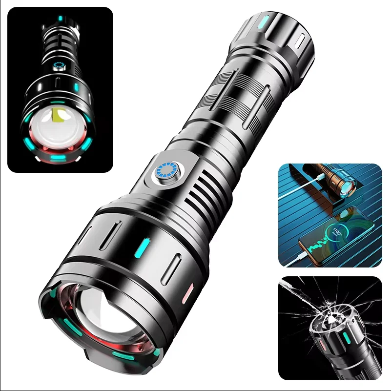超高輝度led戦術用懐中電灯。usb充電式で、ズーム機能付き。窓ガラス破壊機能、モバイルバッテリー機能、5つのモードを搭載。キャンプに最適。