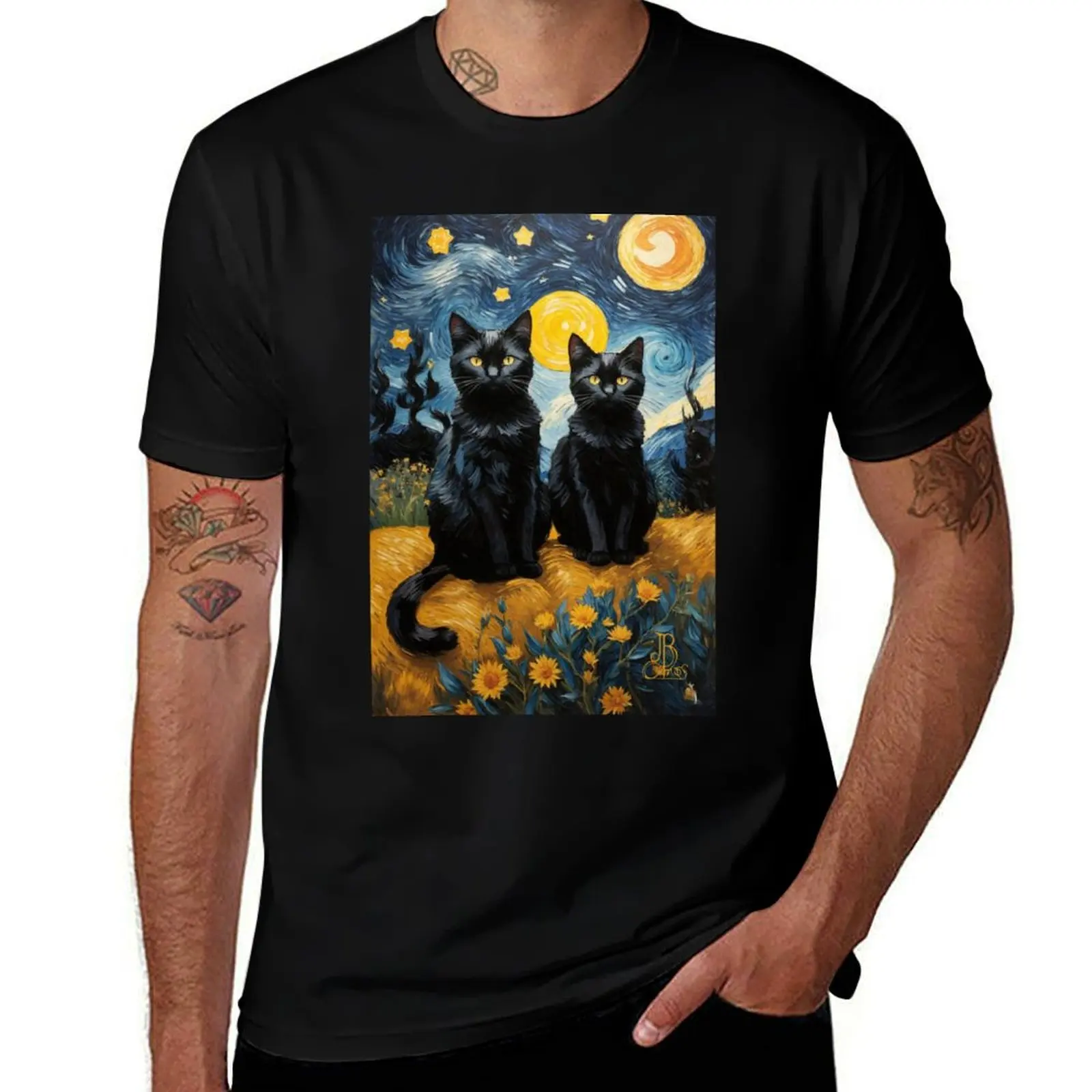 Black Cats, Sweethearts Under a Starry Sky T-Shirt Lightweight Hiking T-Shirt