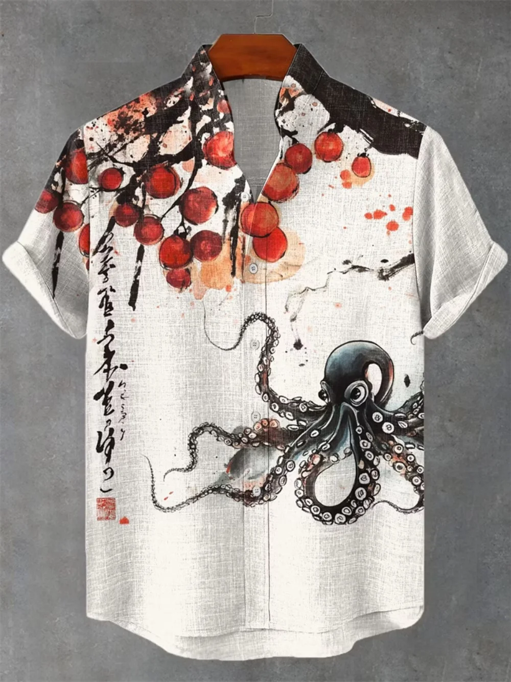 Summer Japanese Retro Art Printed Men's Shirt Fun Otter Cigar Poker Pattern Short Sleeve Beach Casual Linen Blended Shirt