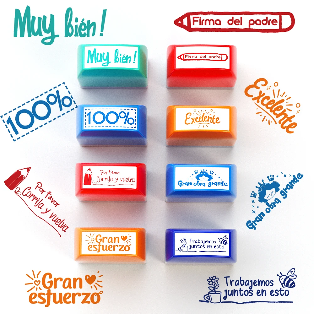 8 colorful teacher encouragement stamps Automatic ink-out correction stamps Spanish teachers encourage students to use