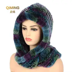 Hat Women New Knitted Real Rex Rabbit Fur Hat Hooded Scarf Winter hats for Woman Cap Warm Natural Fur Hat With Neck Scarves