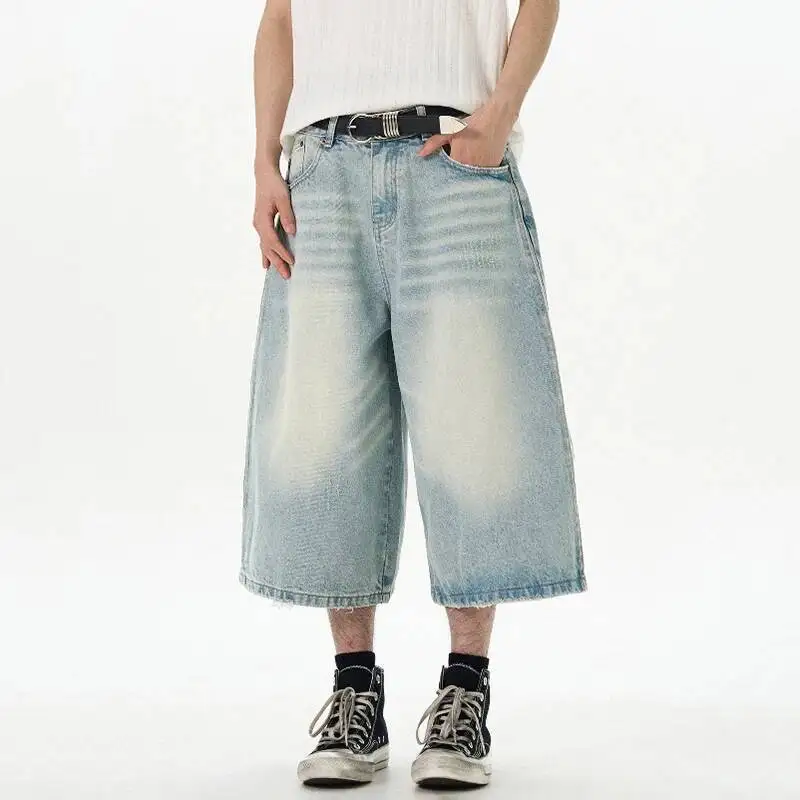 

Denim Washing Men's Shorts Moustache Effect Cropped Pants Wide Leg Csual Solid Color Straight Male Jeans New Summer 03KQ
