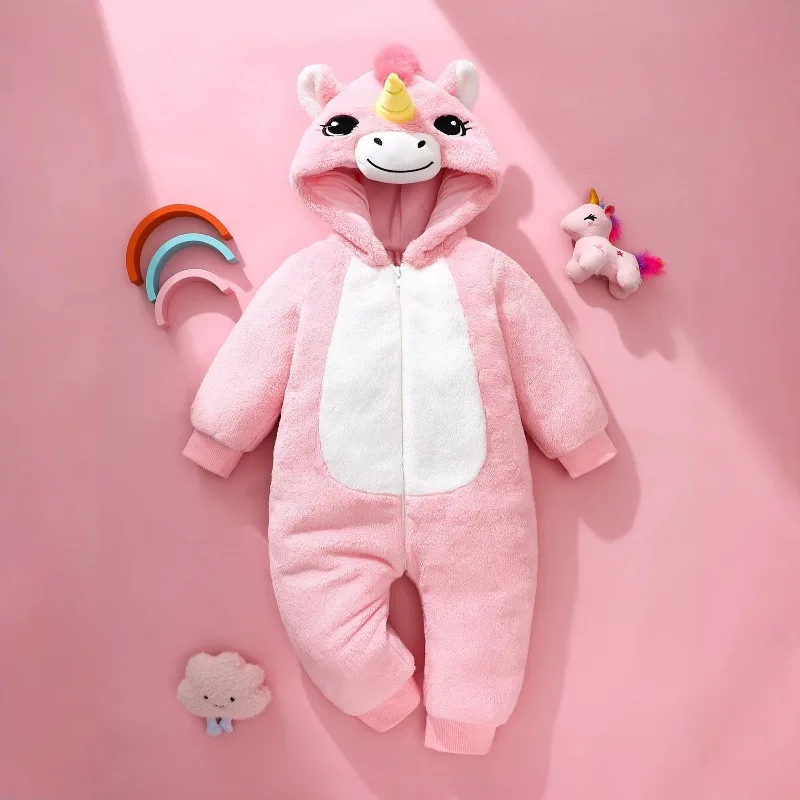 Newborn Baby Pink Unicorn Romper Zipper Hooded Bodysuit Cartoon Animal Onesie Toddler Warm Winter Jumpsuit Playsuit
