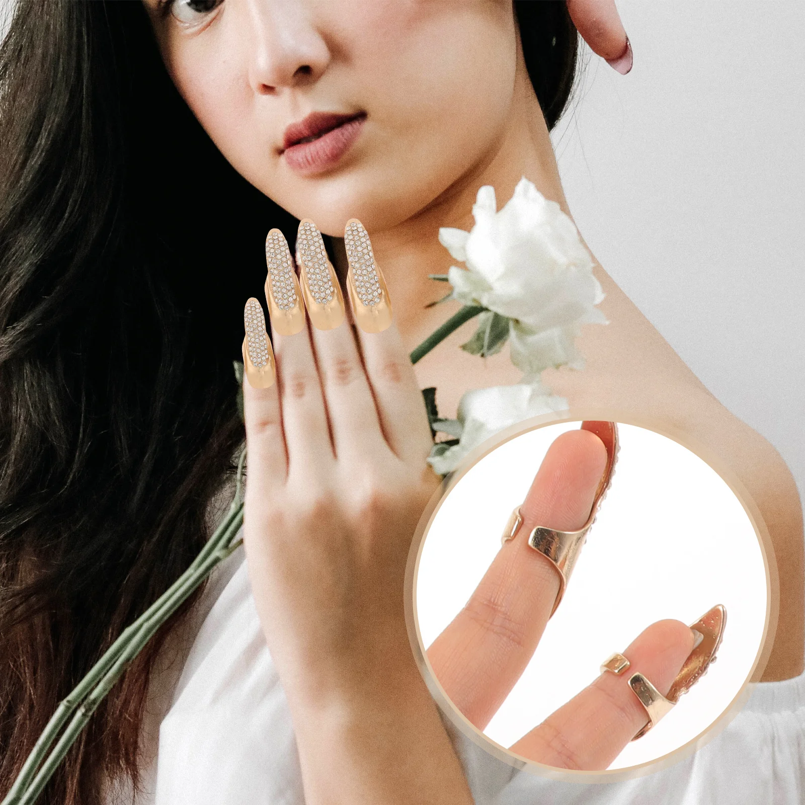 

10Pcs Cat Claw Fingernail Claw Rhinestones Punk Gothic Nail Ring Halloween Costume Performance Accessories Nail Ring
