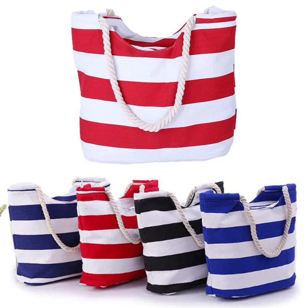 

Women Beach Shoulder Bag Rope Handle Waterproof Large Capacity Canvas Colorful Strip Tote Handbag Vacation Use bolso mujer