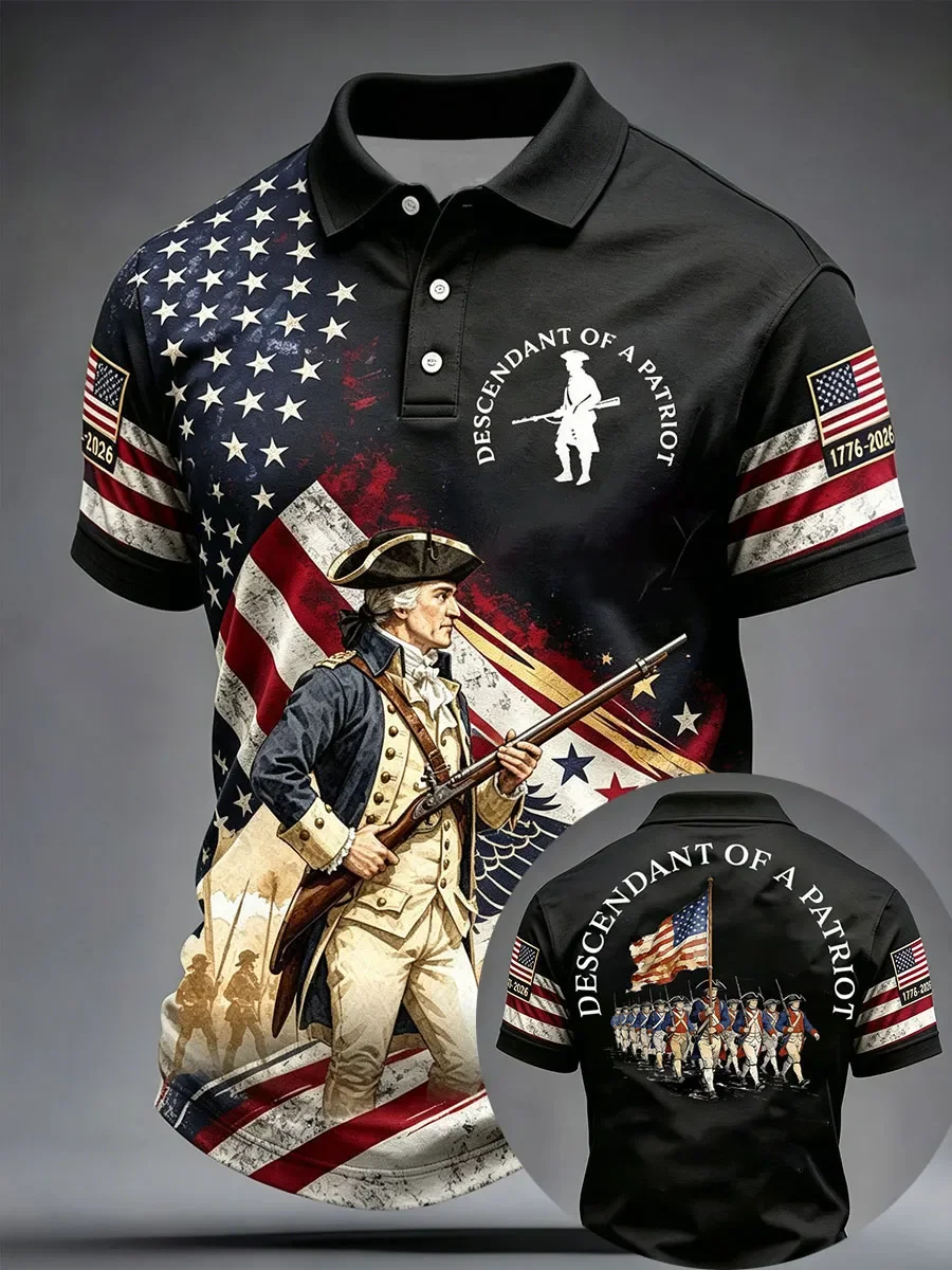 Men's American Flag Print Polo Shirt, 