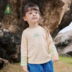 Amila Baby T-Shirt 2024 Autumn New Girls Contrast Stripes Stitching Three-Dimensional Printing Casual Round Neck Children‘S Top