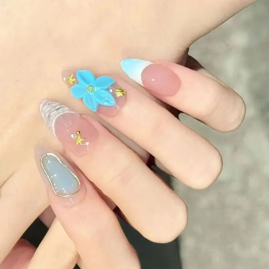 

10Pcs/set Blue 3D Flowers Designs Almond False Nails French Ballet Wearable Fashion Summer Manicure Full Cover Press on Nail Tip