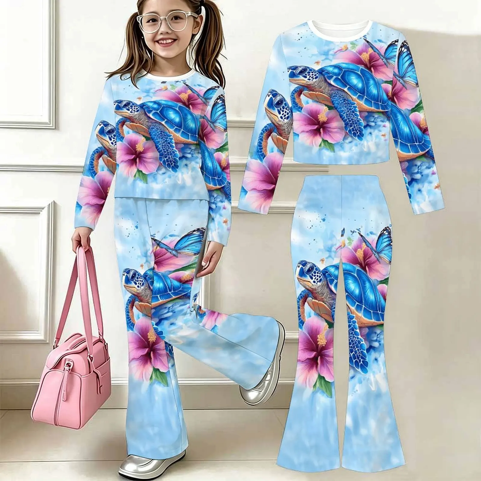 2pcs Children's Casual Pants Autumn Slim Two-piece Set Fashion Bell-bottomed Pants Winter Girls' Trendy T-shirt Jogging Pants