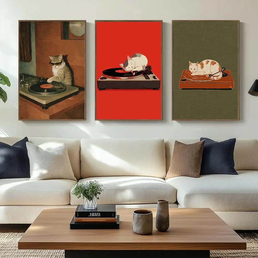 Vintage Cat Vinyl Record Player Poster Cute Cat on Turntable Wall Art Print Canvas Painting Home Decor for Music Room Bedroom