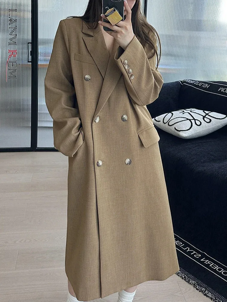 

[LANMREM] Office Lady Long Blazers For Women Notched Double Breasted Fashion Loose Outwear Female 2024 winter New 26C327