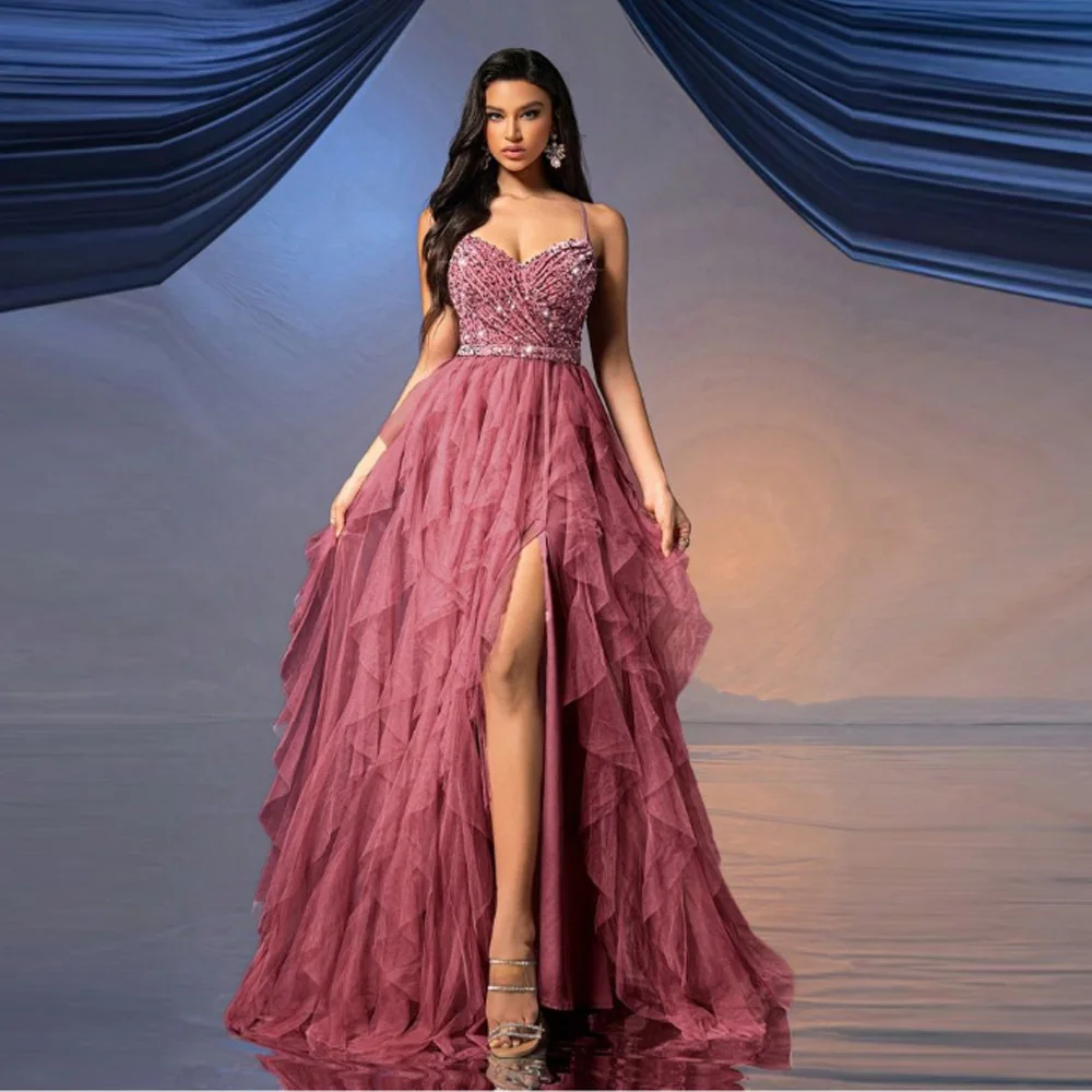 

Customized Sweetheart Sleeveless Beading Sequins A-Line Evening Dresses Birthday Party Prom Gowns Side Split robes de soirée