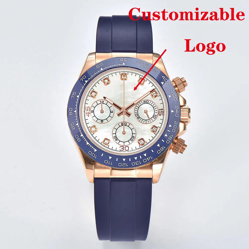 39 مللي متر ساعة يد رجالية ذهبية وردية VK63 حركة كرونوغراف الياقوت الزجاج المطاط حزام رجال الأعمال ساعة مخصصة