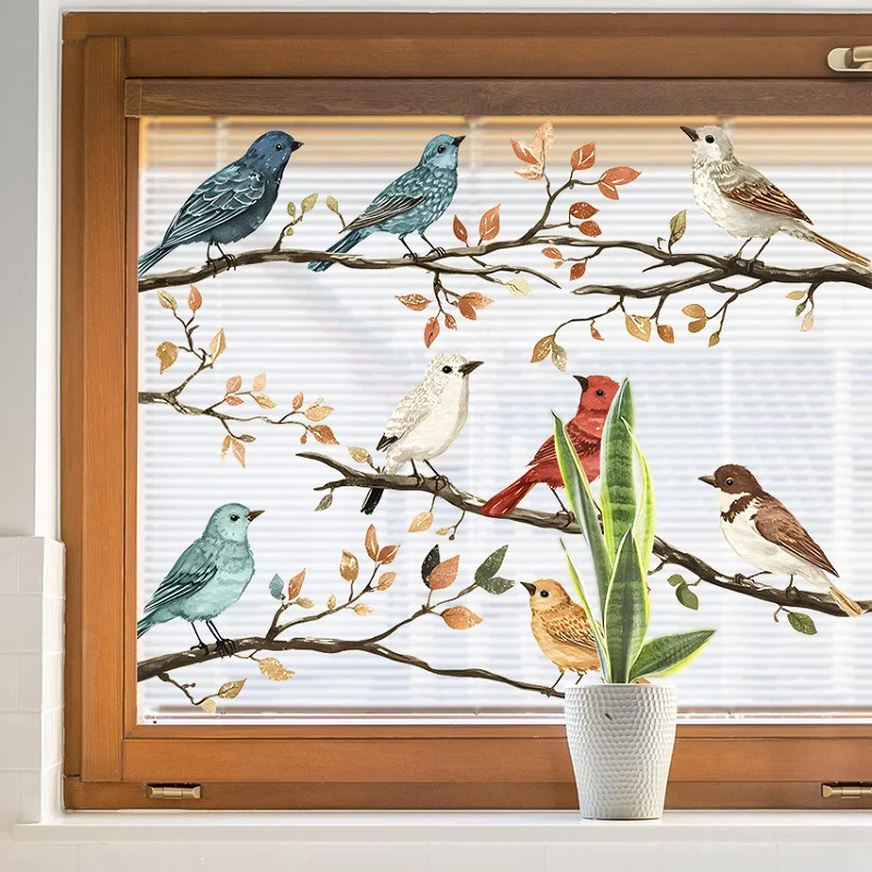 Colorful Birds on Branches Wall Sticker Glass Decals Balcony & Bedroom Birds Window Stickers Home Decor Decals PVC