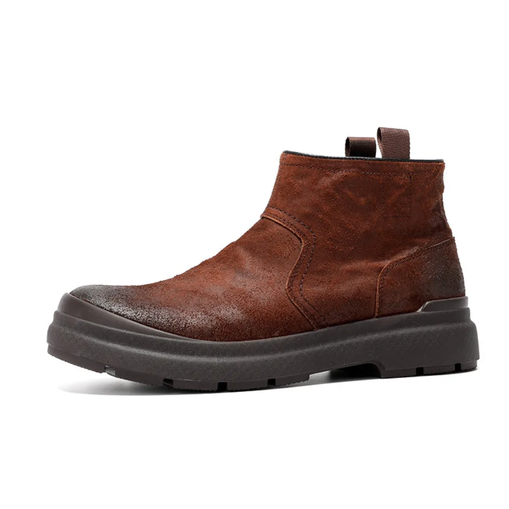 

Vintage Handmade Suede Cowhide Boots for Men Lazy Slip On Soft Sole Mid Top Casual Versatile Cow Leather Short Ankle Boots