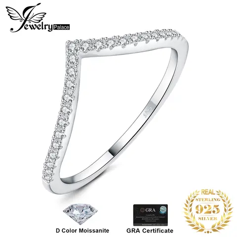 JewelryPalace Moissanite D 컬러 라운드 컷 925 스털링 실버 V 모양 쌓을 수있는 결혼 반지 여성용 옐로우 로즈 골드 도금