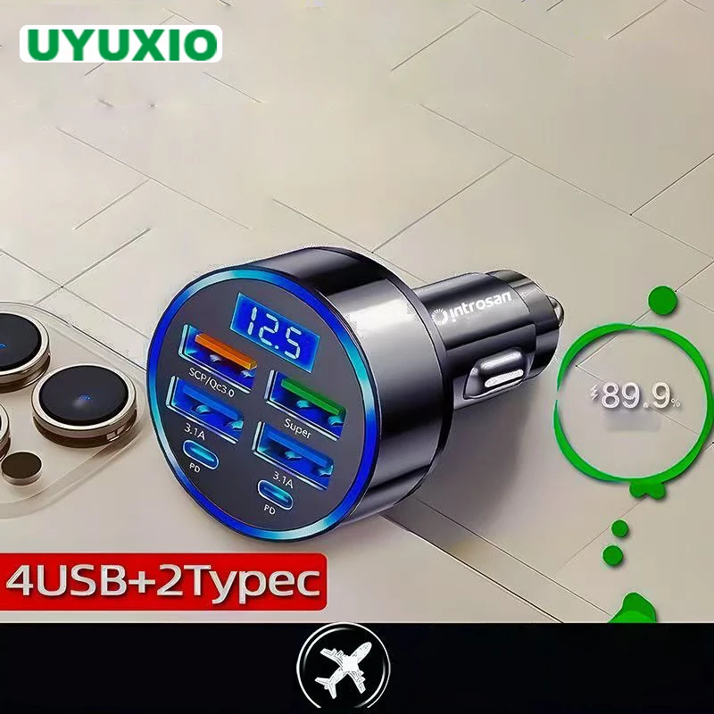 

Автомобильное зарядное устройство UYUXIO с несколькими портами USB-C, адаптер на 12 В с дисплеем напряжения, быстрая зарядка с вольтметром для iPhone и Samsung