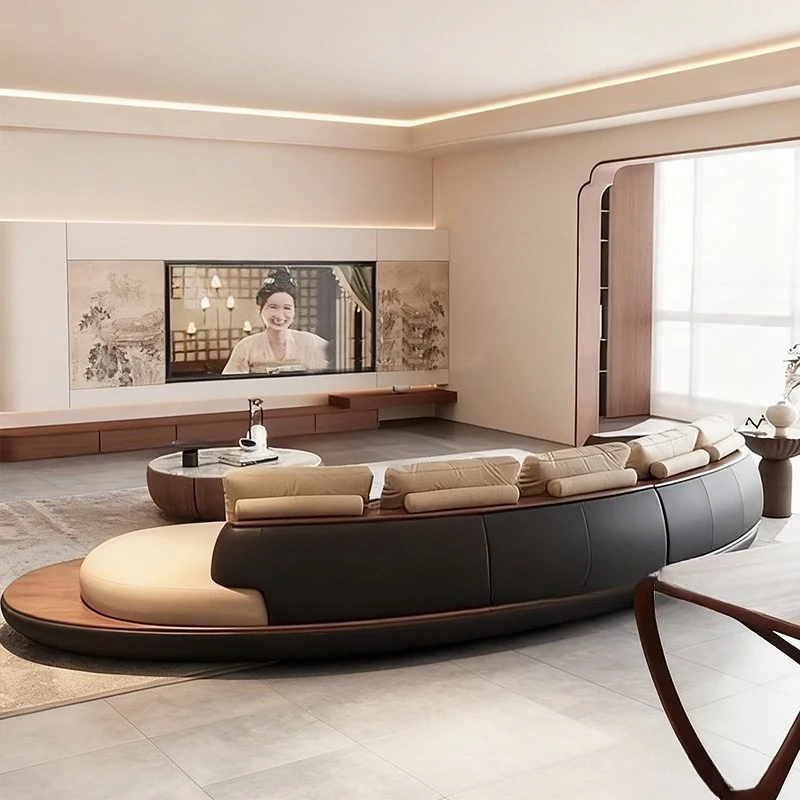 Modern vintage style moon-shaped curved platform sofa full genuine leather