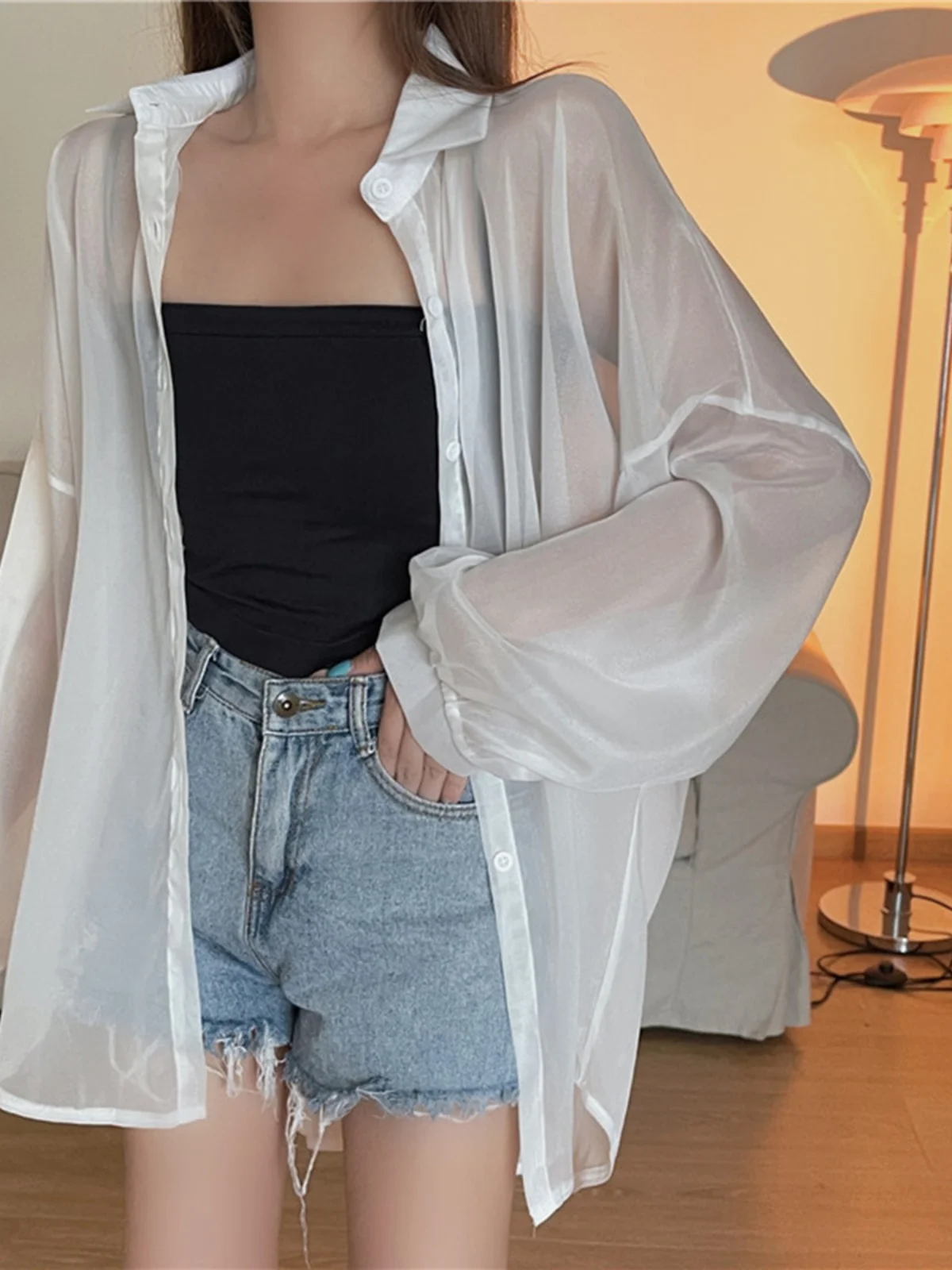 

White Pearl Sun Protection irt Bla Thin See-tough Lace Women's Cardigan Chiffon Blouse Top Outerwear Korean Sle Commute