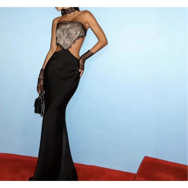 

2026 Spring/summer New Fashionable Sexy Lace Spliced Bandeau Open Back Slim Long Skirt Hip Skirt