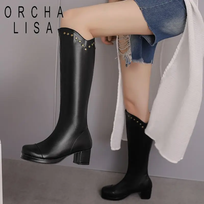 

ORCHA LISA 2023 Fashion Women Knee High Boots Round Toe Block Heels 5cm Zipper Rivets Large Size 48 49 50 Daily Lady Booty