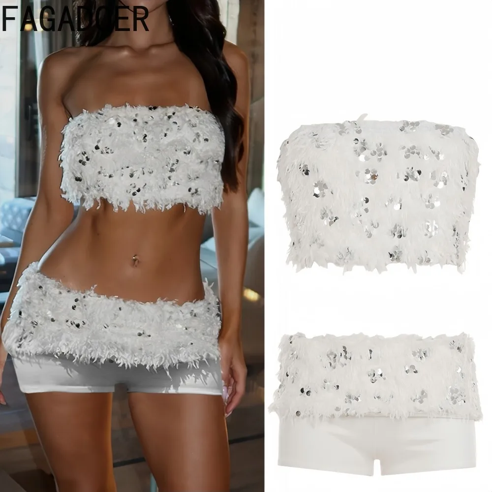 

FAGADOER Sexy Sequin Fur Patchwork Two Piece Outfits Woman Sleeveless Backless Tanks Top and Shorts Matching Female Streetwear
