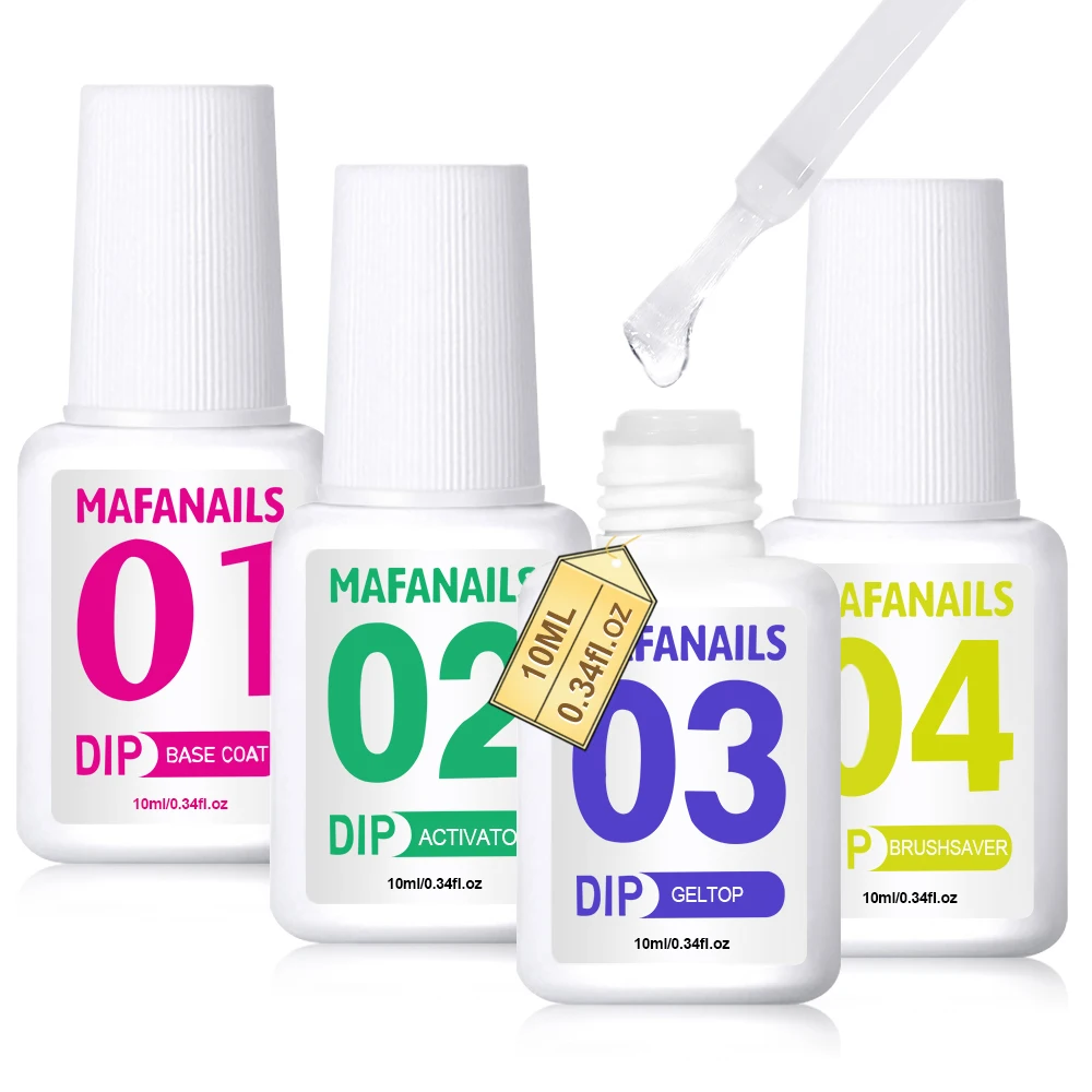 Unhas Mergulhando Em Pó Sistema Líquido, Base Top Coat, Protetor de escova ativador sem lâmpada UV, Cura necessária Dip Powder, 10ml, 4 frascos por conjunto