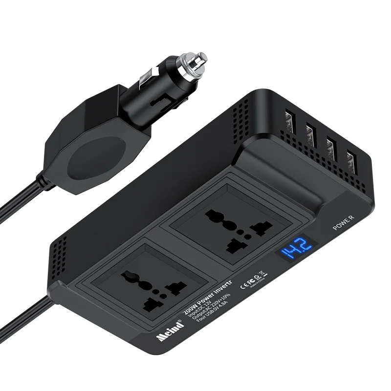 Meind 200W Car Power Inverter with Dual Universal Sockets&USB QC3.0 DC12V to AC220V Power Inverter for Car