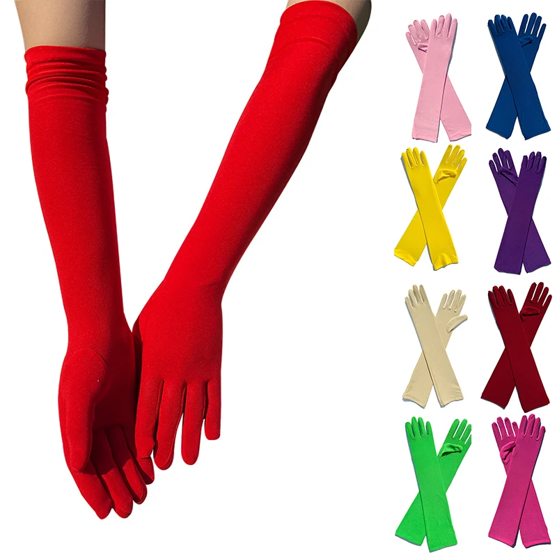 Guantes largos elásticos Retro para mujer, guantes clásicos para adultos, negro, blanco, rojo, codo, dedo de satén elástico, disfraz de fiesta de