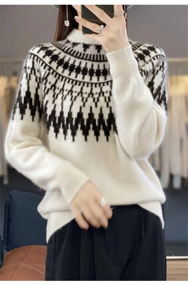 Vintage Turtleneck Fair Isle Pullover Damski luźny, wyściełany żakardowy sweter z długim rękawem, dzianinowy top