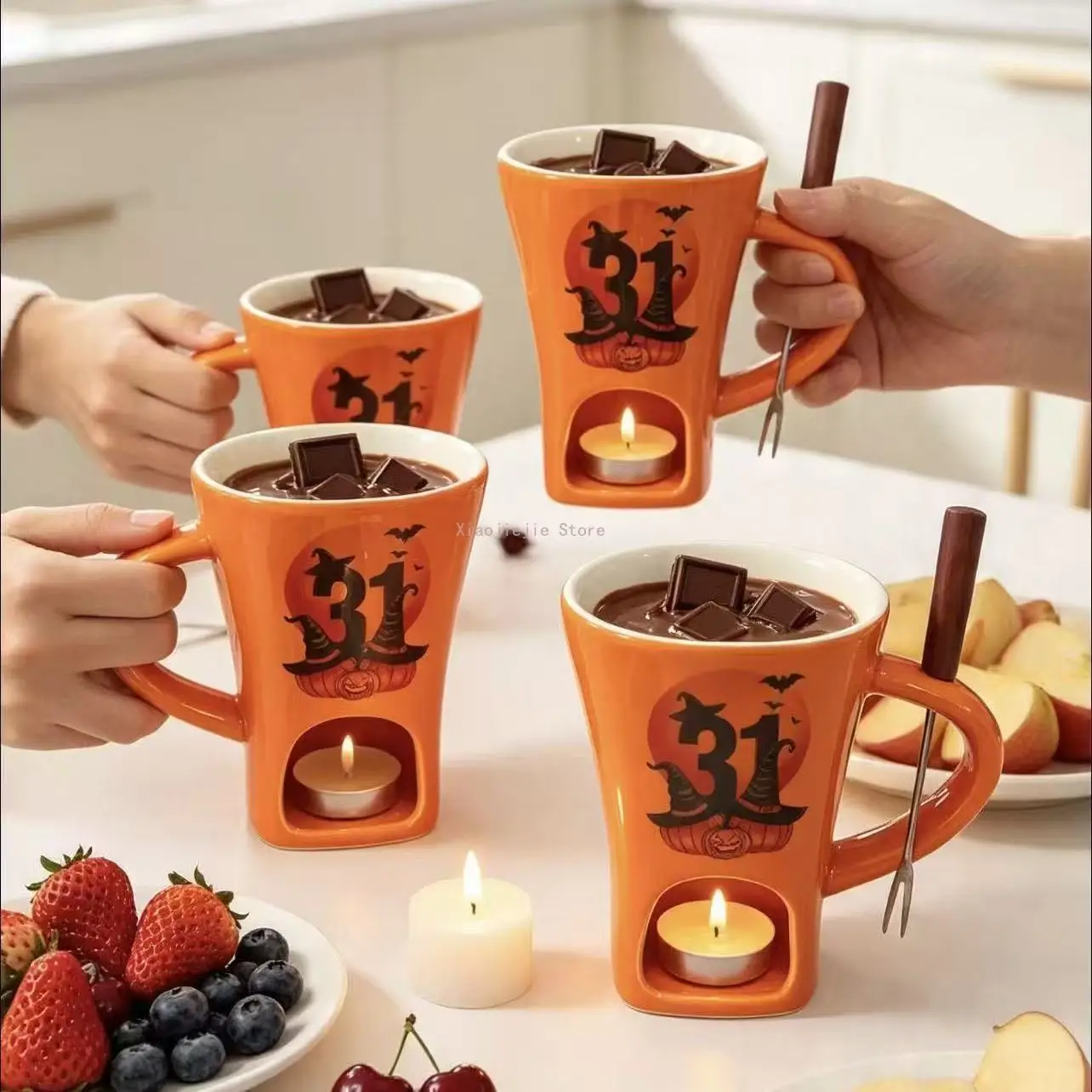 Festive Pattern Ceramic Chocolate Fondue Mug with Dipping Fork Individual Melting Cup for Indoor Dessert Party Holiday Gift