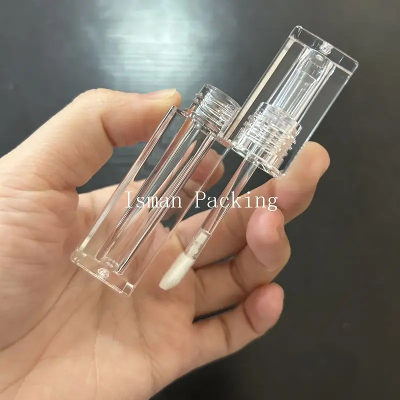 50Pcs Full Transparent Lipgloss Wand Tubes 3ml Empty Clear Square Lipstick Packaging Lip Gloss Containers Tube With Brush