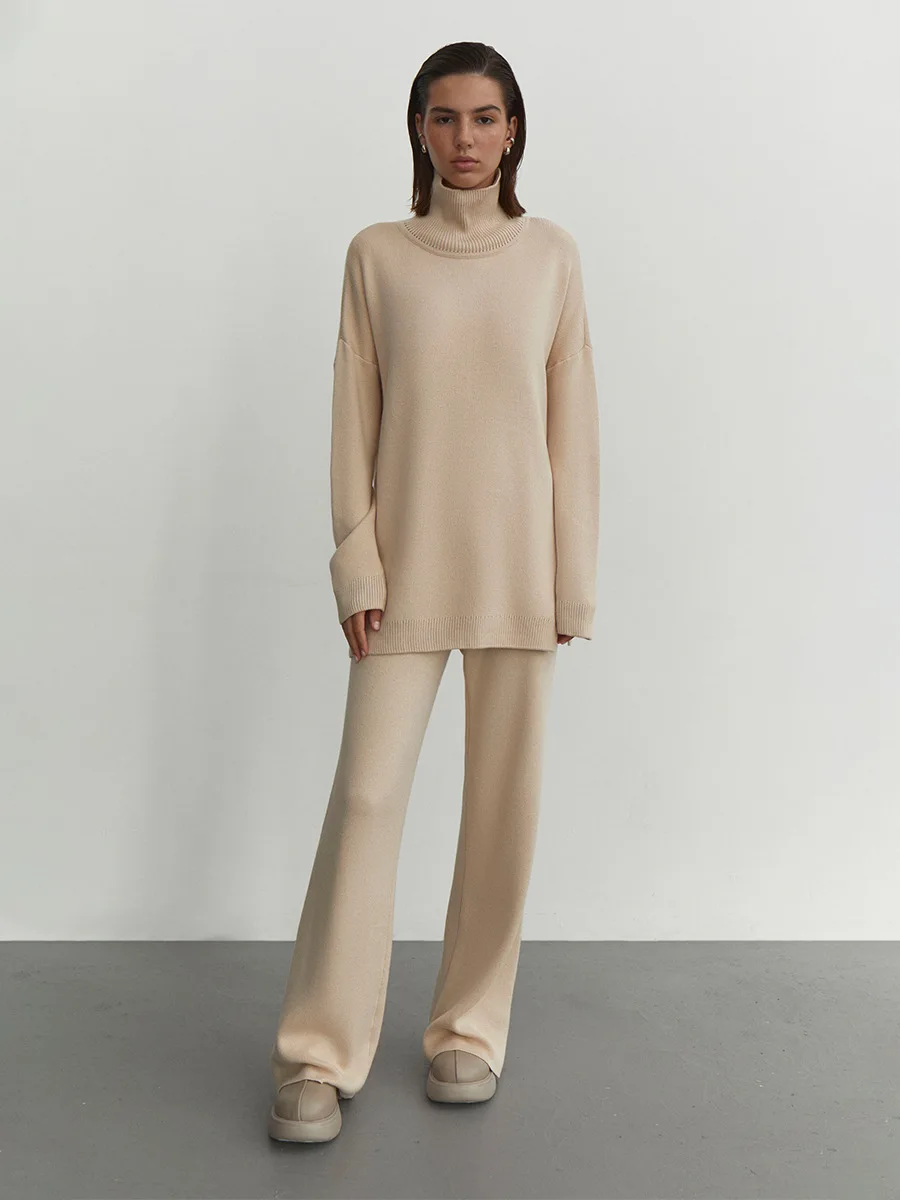 

Bornladies Women's New Turtleneck Knit Sweater Wide Leg Knit Pants Set Soft Loose High Waist Autumn Winter Fashion Pullover