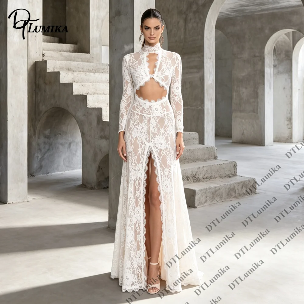 High Neck Long Sleeve Two Piece Wedding Dress Stylish Cut‑Out High Slit Bridal Gown Women Formal Evening Party Dress Customized