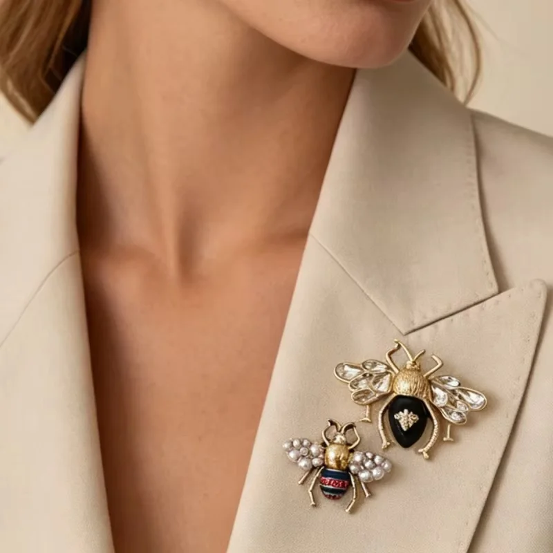 Trendy Dual Bee Lapel Pins, Retro Gold Tone Crystal & Pearl Bee Brooches, Elegant Suit Accessory Jewelry
