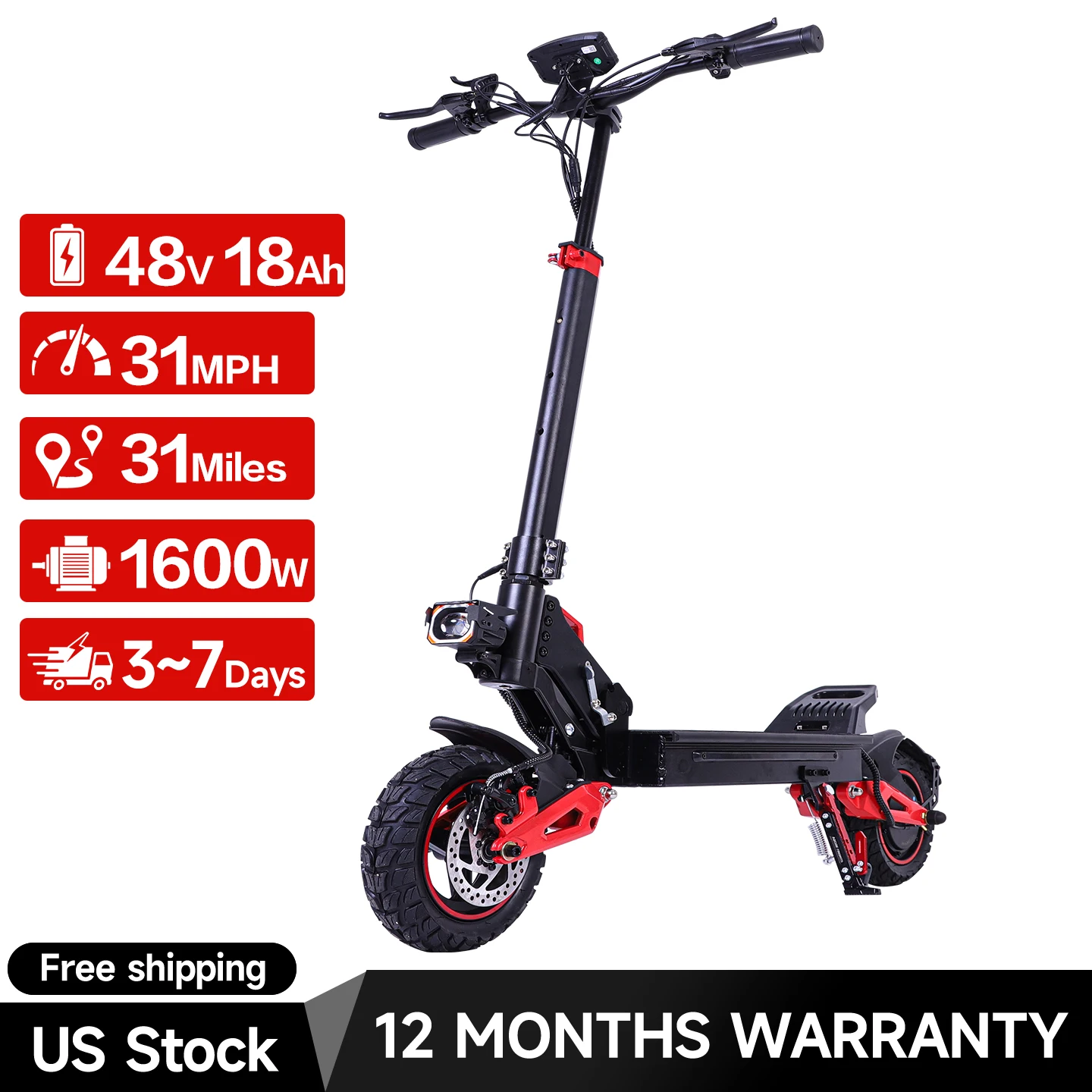 

Электросамокат J15 для взрослых, двигатель 1600 Вт, внедорожные шины 11 дюймов, аккумулятор 48В18Ач, макс. скорость 50 км/ч, запас хода 43-48 км, наличие на складе в США