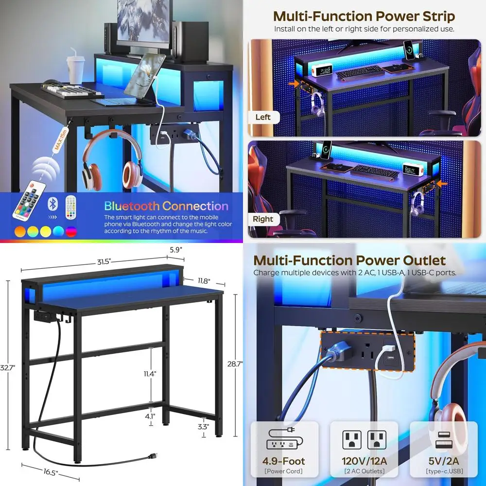 

LED-lit 2-Tier Charging Station Gaming Desk with Monitor Stand and Side Hooks for Home Office