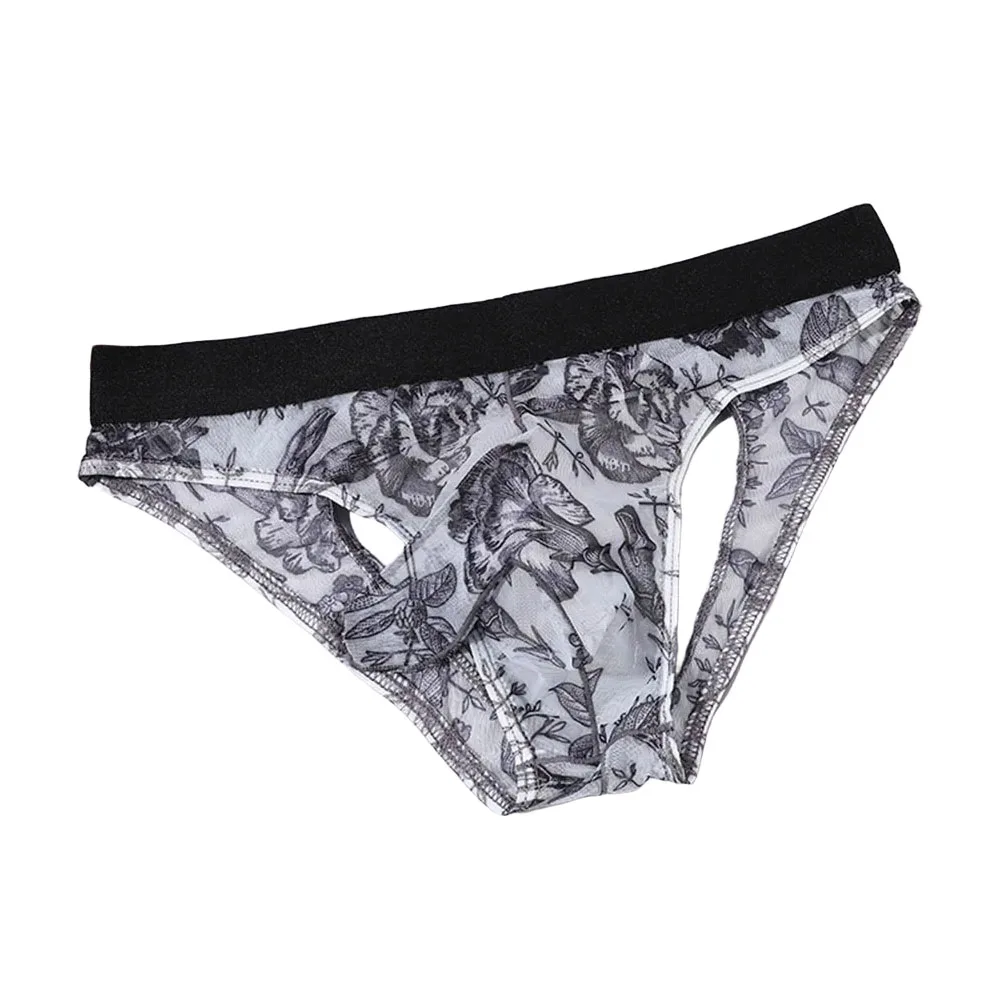Men Print Ultra-thin Briefs See Through Man Underwear Pouch Sissy Middle Waist Underpants Breathable