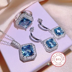 Sparkly Simulated Sea Blue Geometric Square Necklace Set Simple Fashion 925 Silver Earrings High Class Banquet Party Ladies Ring