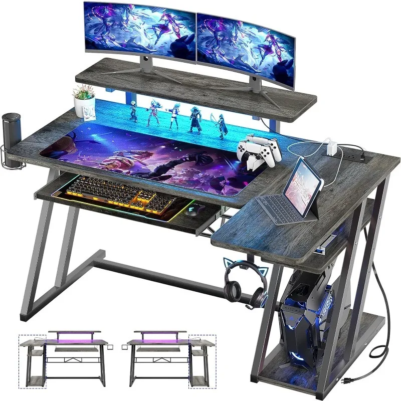 

L Shaped Gaming Desk with Monitor Stand and Shelves, 47'' Gaming Computer Desk with LED Lights and Outlets,